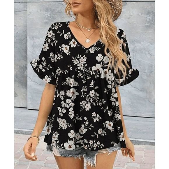 Black & White Floral Half-Sleeve V-Neck Top 3XL #2049-D5 - Picture 1 of 8